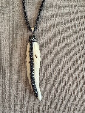 Black Chain Necklace with White Carved Feather Pendant